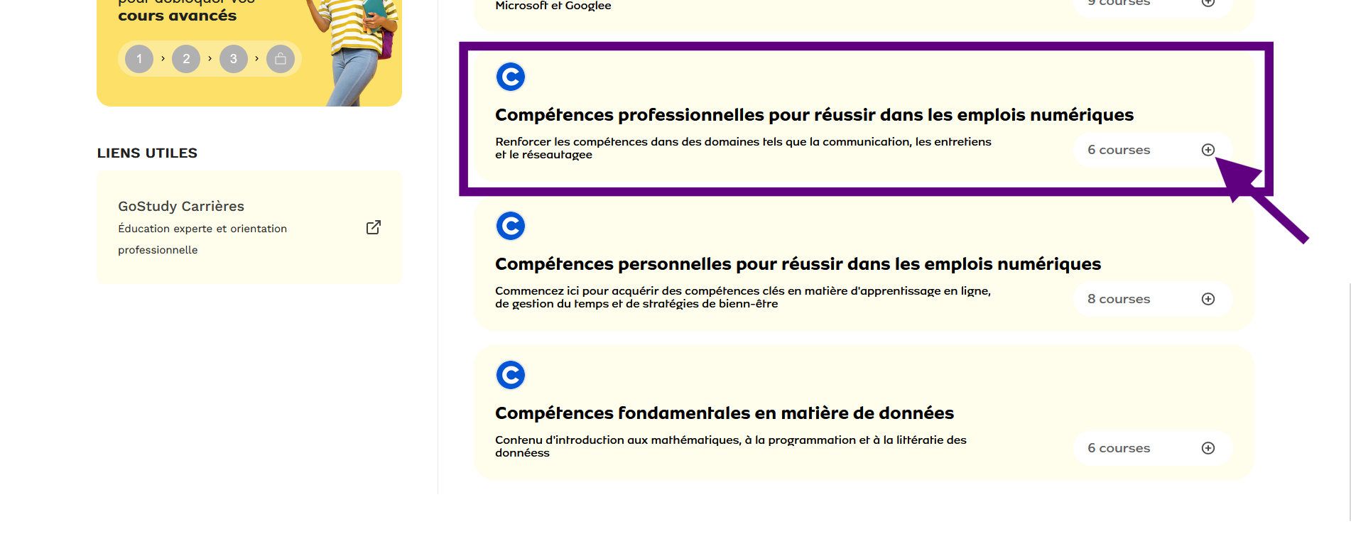 Sélection d’une catégorie de cours