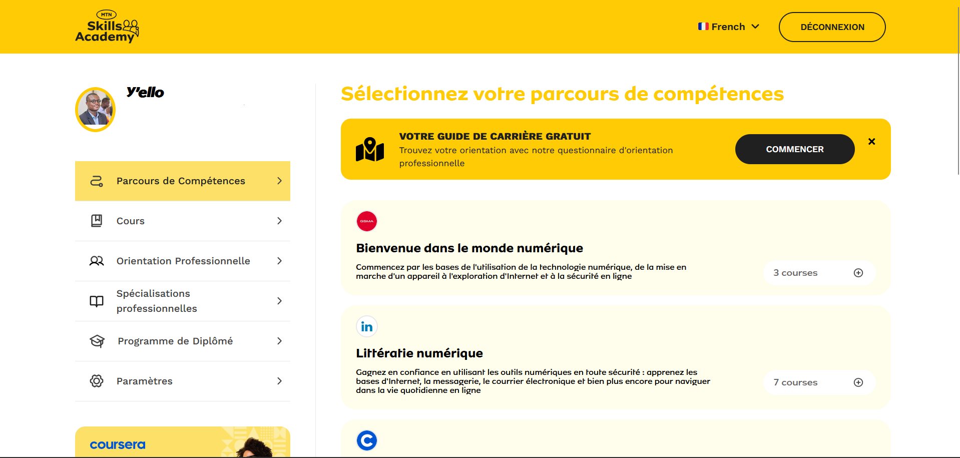 Tableau de bord MTN Skills Academy